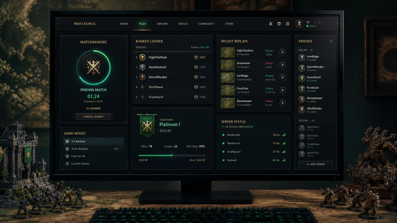 Eigenständiges KI-Mockup einer Fantasy-Strategiespiel-Arena mit Matchmaking, Rangliste und Replays.